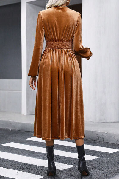 Surplice Balloon Sleeve Smocked Caramel Brown Midi Dress