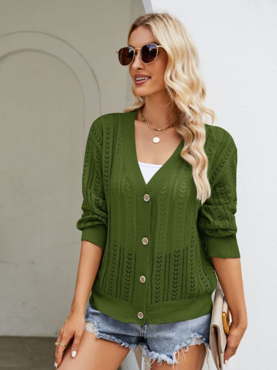 SkyMarie Button Down Ribbed Trim Cardigan