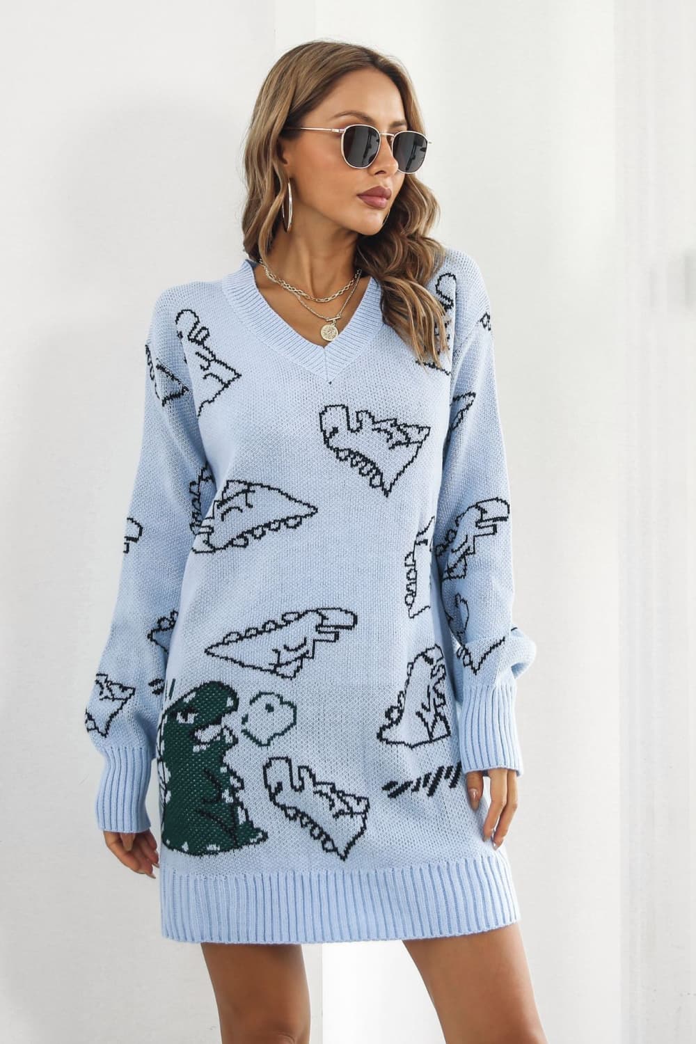 Athena Rea Dinosaur Pattern V-Neck Sweater Dress