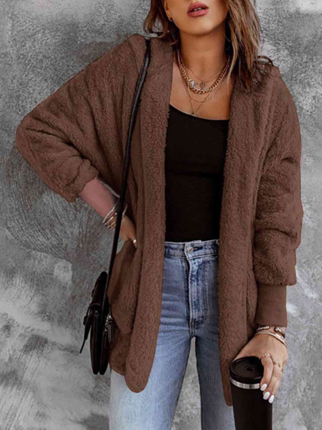 Open Front Hooded Faux Fur Outwear Jacket with Pockets