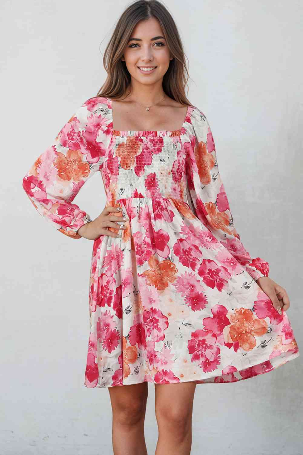 Floral Smocked Square Neck Long Sleeve Dress