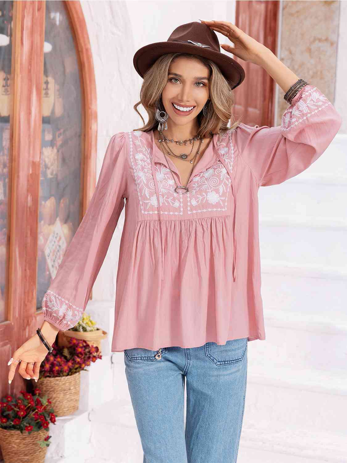 Aurora Lea Floral Tie Neck Balloon Sleeve Blouse