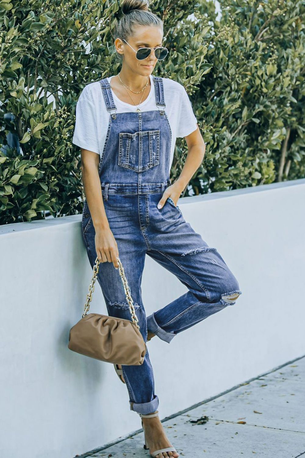 Women's Pocketed Distressed Denim Overalls
