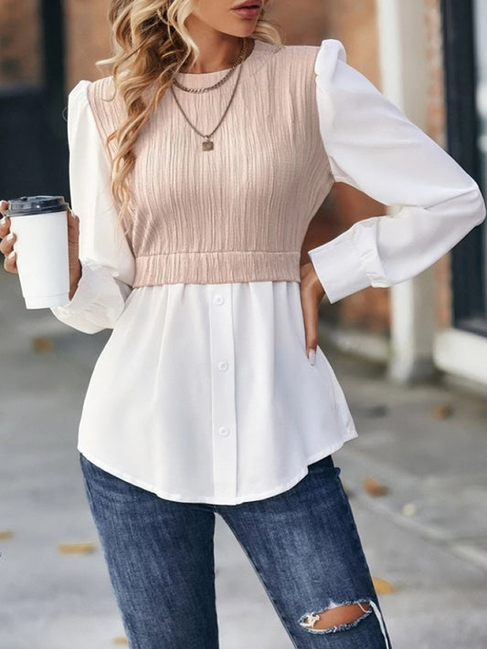 Full Size Contrast Round Neck Puff Sleeve Blouse