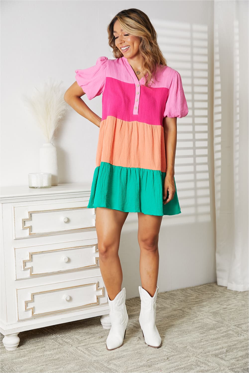 Double Take Color Block Buttoned Puff Sleeve Multi Colored Dress
