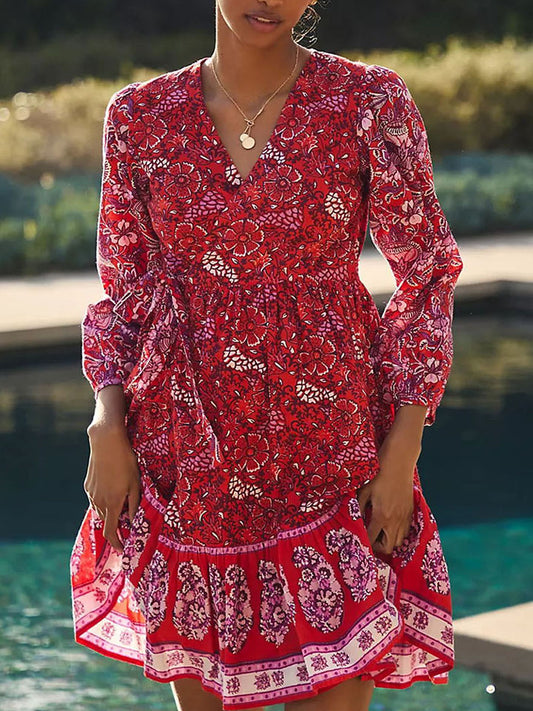 Printed V-Neck Long Sleeve Red Mini Dress