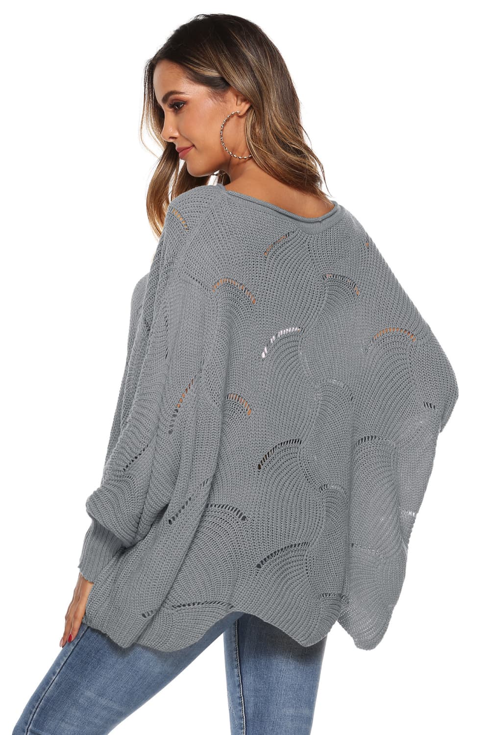 Full Size Round Neck Long Sleeve Openwork Sweater