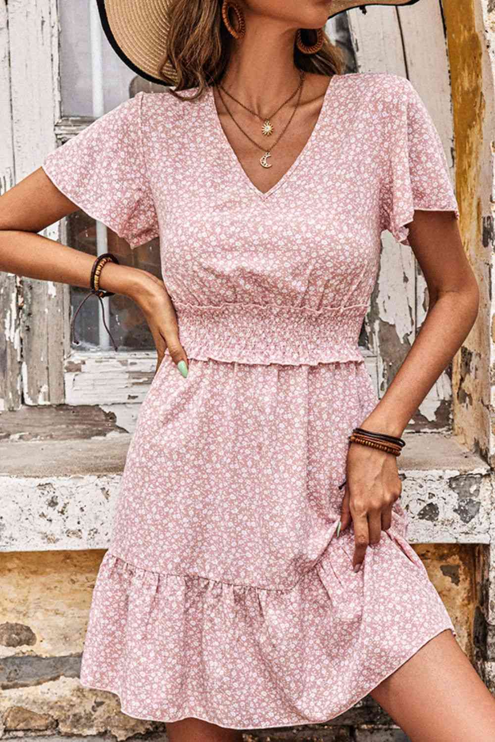 Women's Cressida Pink Printed Smocked V-Neck Tiered Dress