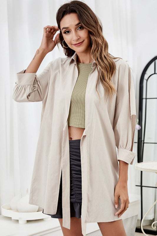 Tie Front Collared Neck Cream Cutout Shacket