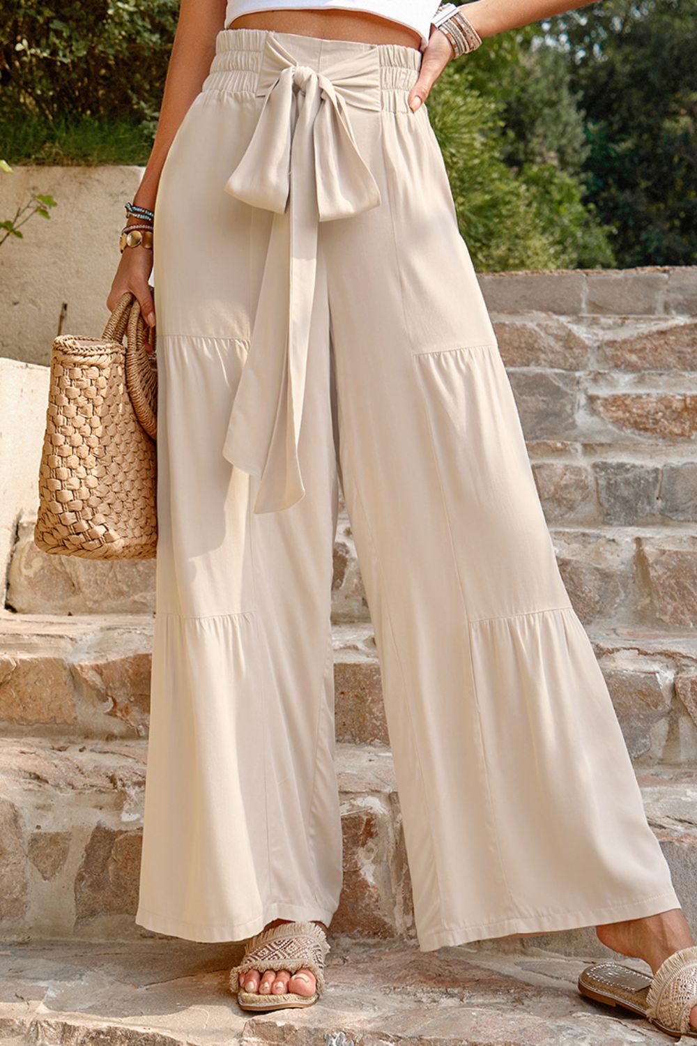 SoSexy Tie Front Smocked Tiered Pants