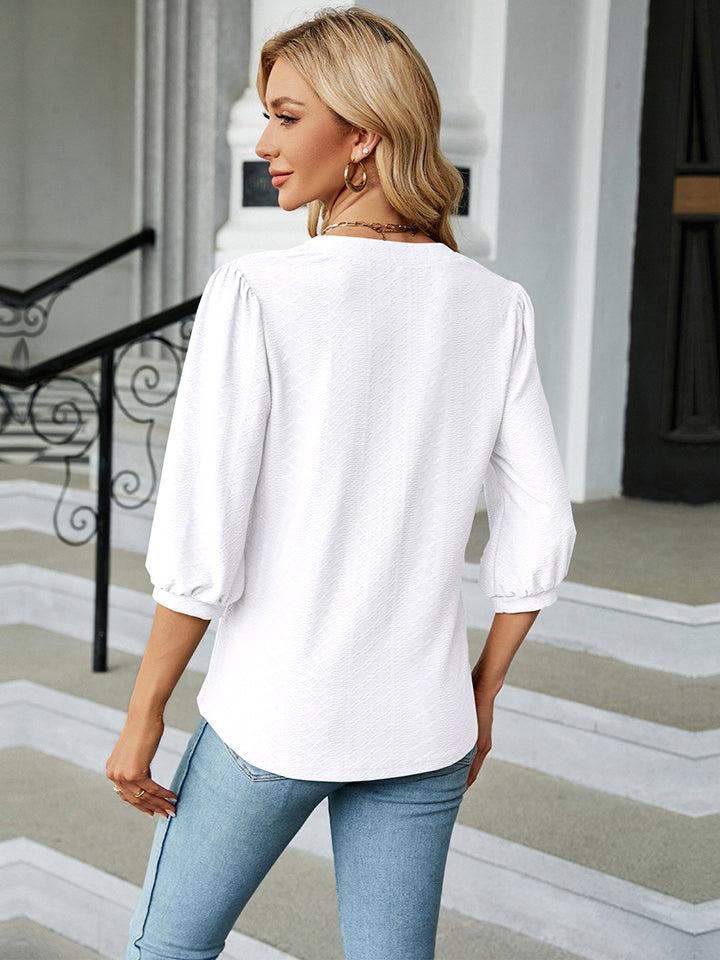 Full Size Notched Neck Three-Quarter Sleeve Blouse