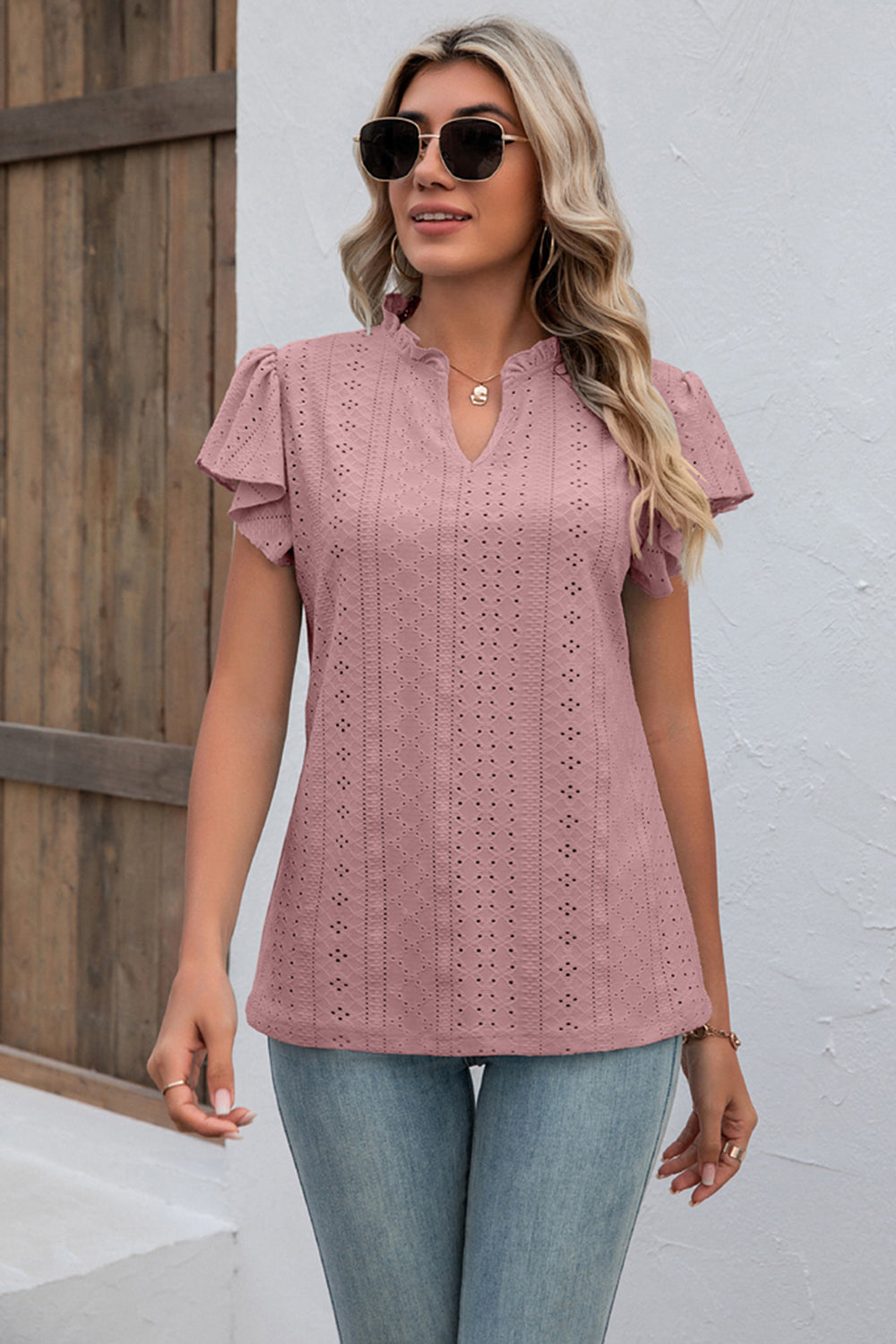 Full Size Eyelet Notched Neck Flutter Sleeve Top