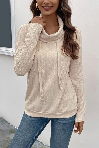 Beige Tied Mock Neck Long Sleeve Knit Top