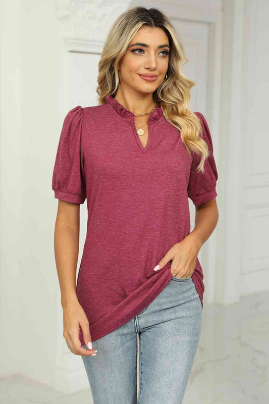 Full Size Notched Neck Puff Sleeve T-Shirt