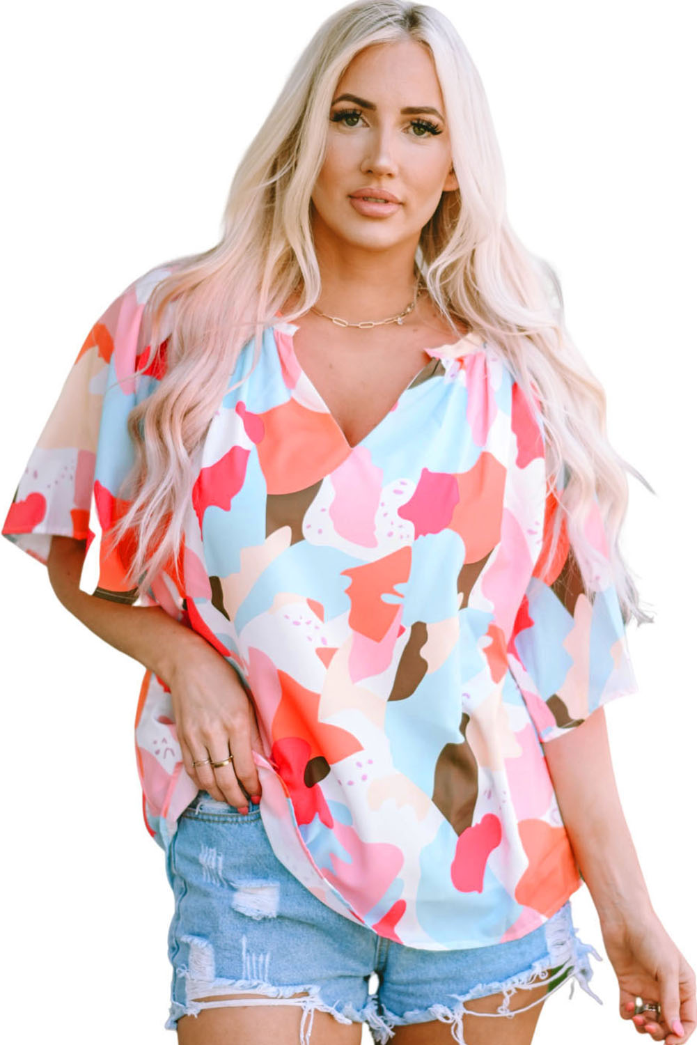 Women's Printed Notched Neck Half Sleeve Blouse