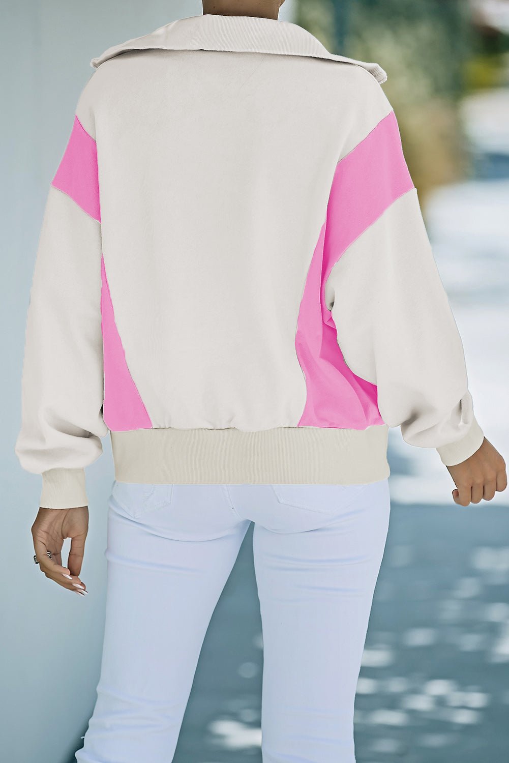 Beige Full Size Color Block Quarter-Zip Sweatshirt