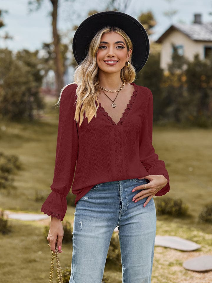 Full Size V-Neck Flounce Sleeve Blouse