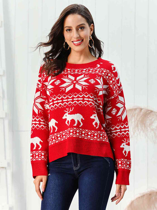 KnittedEmporium Christmas Reindeer & Snowflake Round Neck Sweater