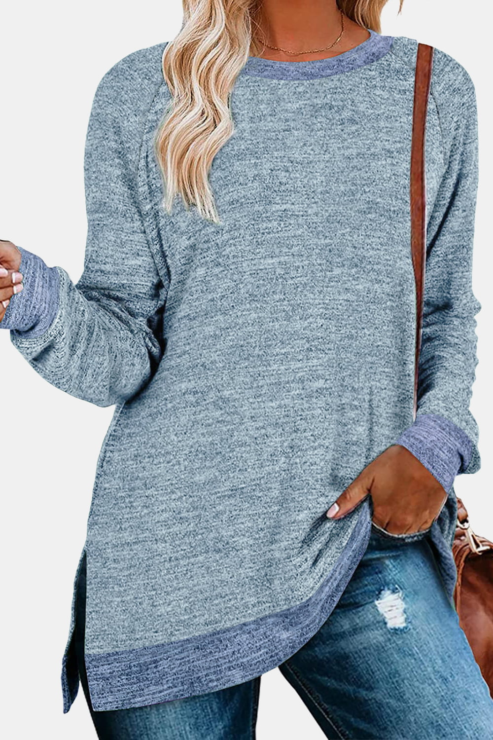 Full Size Round Neck Long Sleeve Slit T-Shirt