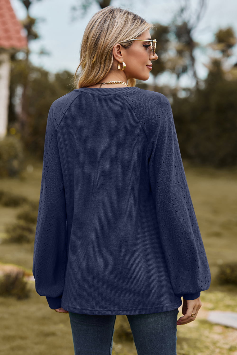 Full Size Notched Neck Raglan Sleeve Blouse