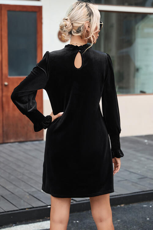 OhSoMini Black Round Neck Smocked Long Sleeve Mini Dress