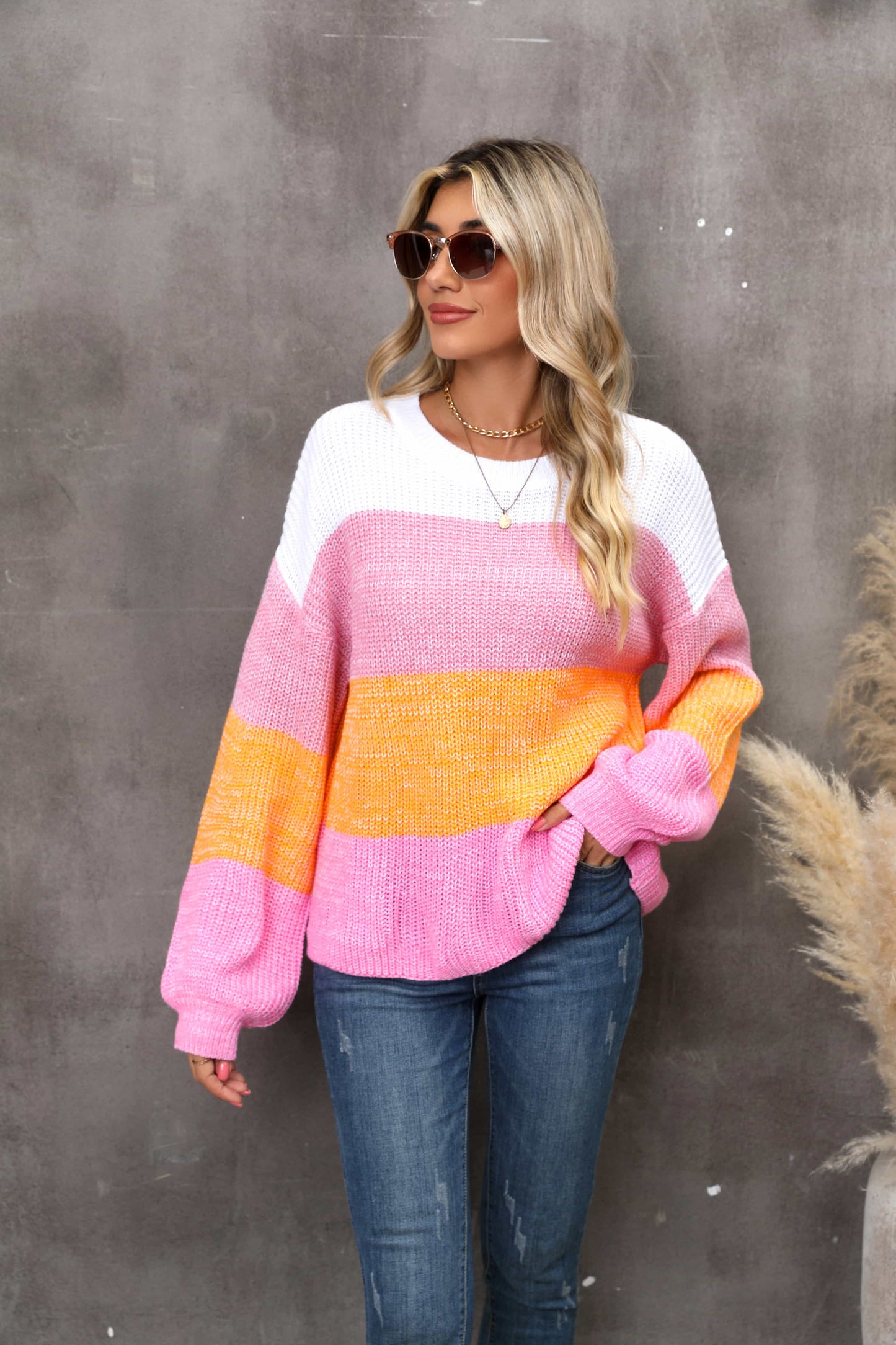 Hannah&Mea Color Block Round Neck Dropped Shoulder Sweater