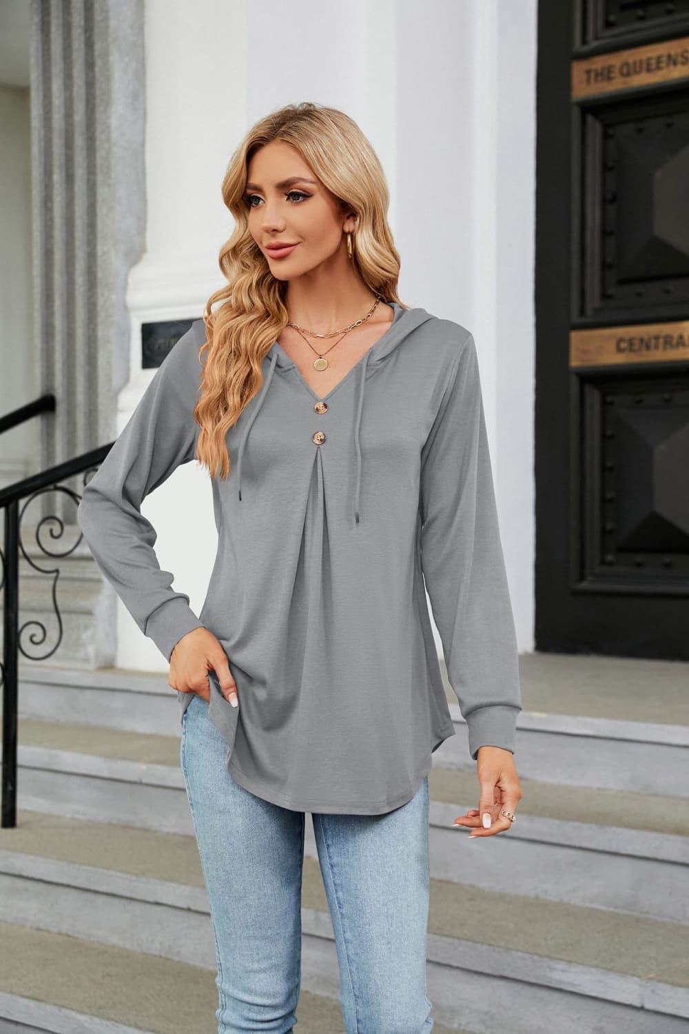 Full Size Long Sleeve Hooded Blouse