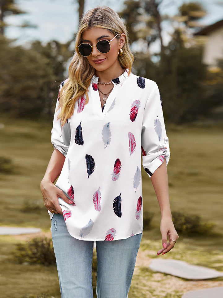 Full Size Printed Roll-Tab Sleeve Notched Neck Blouse