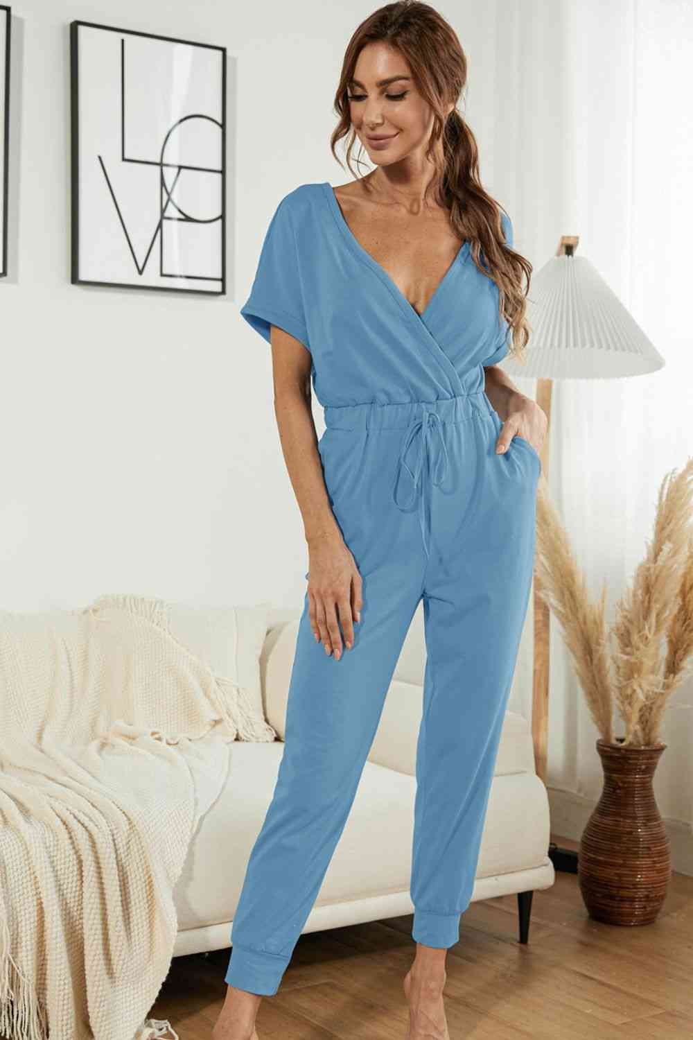 DuskJumpers Surplice Neck Tied Short Sleeve Jumpsuit