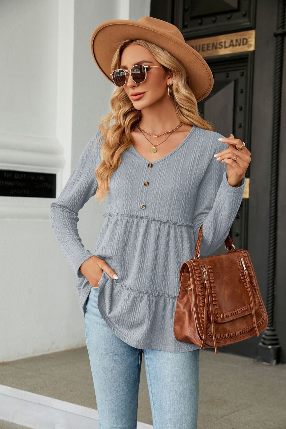 Full Size Long Sleeve V-Neck Cable-Knit Blouse