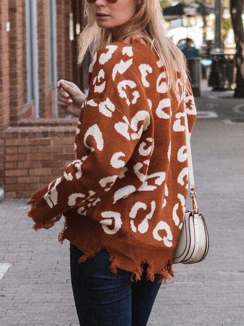 Leopard Frayed Hem Long Sleeve Sweater