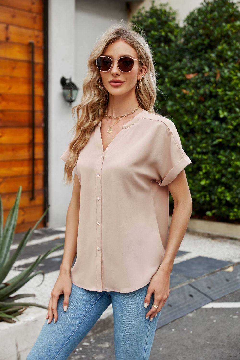 Women's Full Size Notched Neck Cuffed Sleeve Shirt