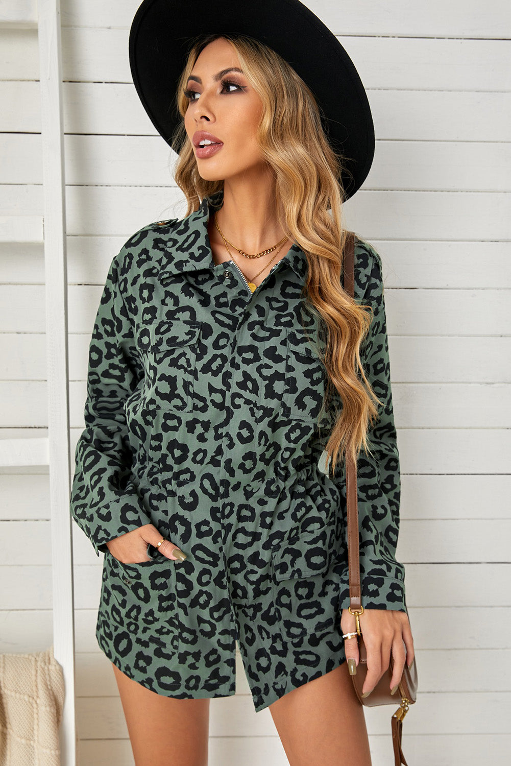 Full Size Leopard Drawstring Waist Jacket with Pockets