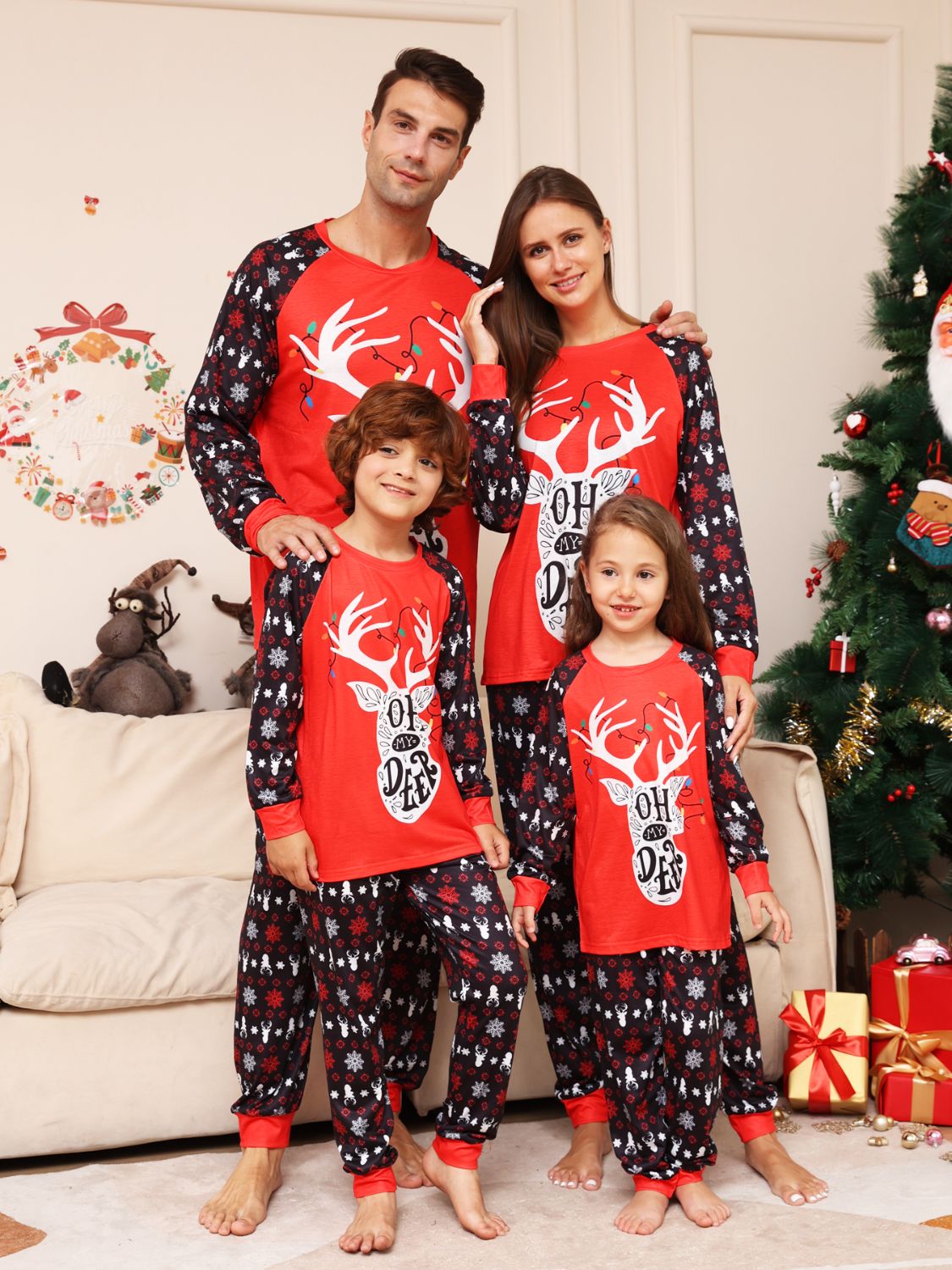 UNISEX ADULT PJ Christmas Full Size Reindeer Graphic Top and Pants Set