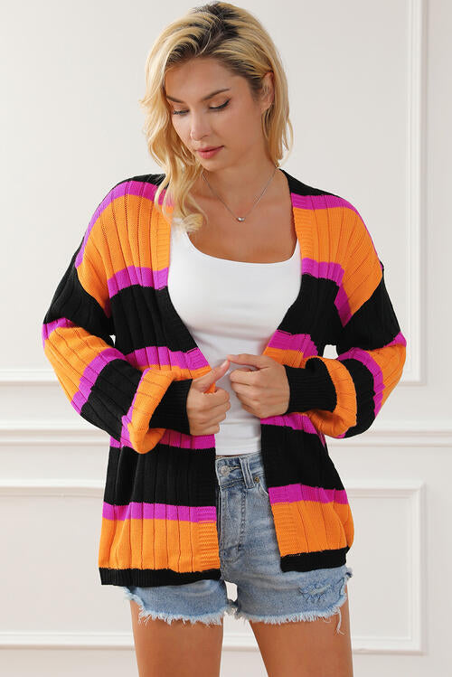 Charming Trends Ribbed Striped Open Front Long Sleeve Cardigan