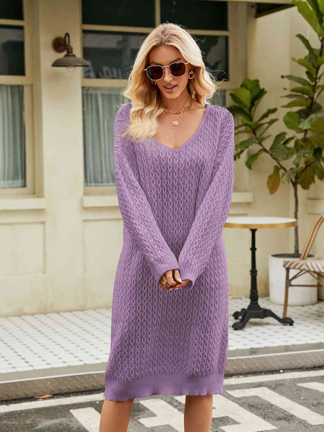 CozyWonders V-Neck Long Sleeve Sweater Dress