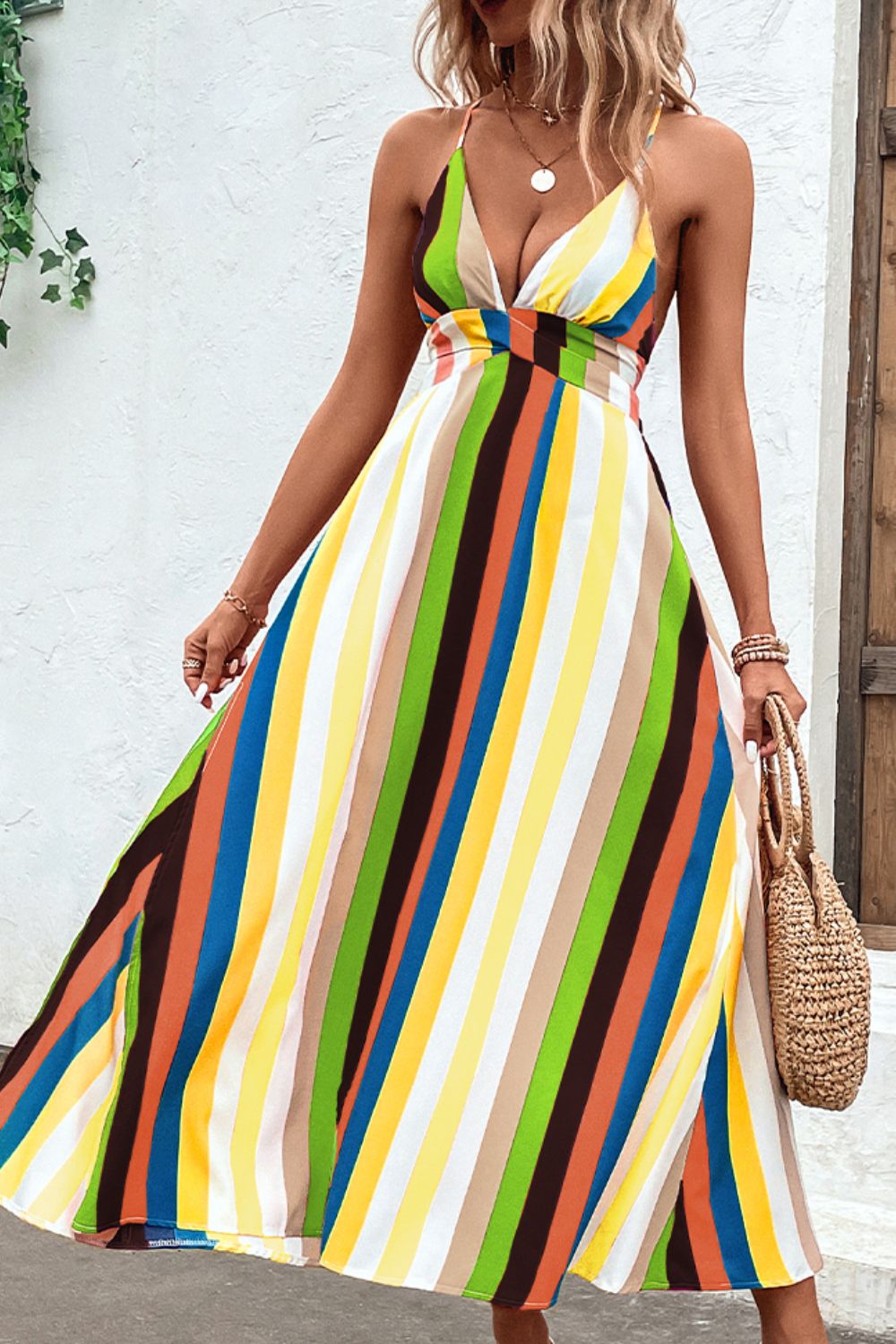 JAYLEANE Full Size Multicolored Stripe Crisscross Backless Dress