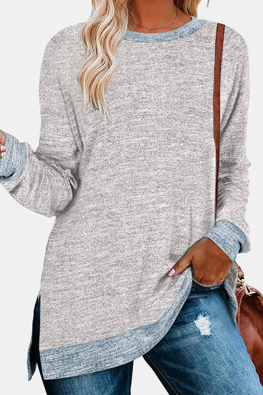 Full Size Round Neck Long Sleeve Slit T-Shirt