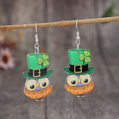 St. Patricks Owl Acrylic Dangle Earrings