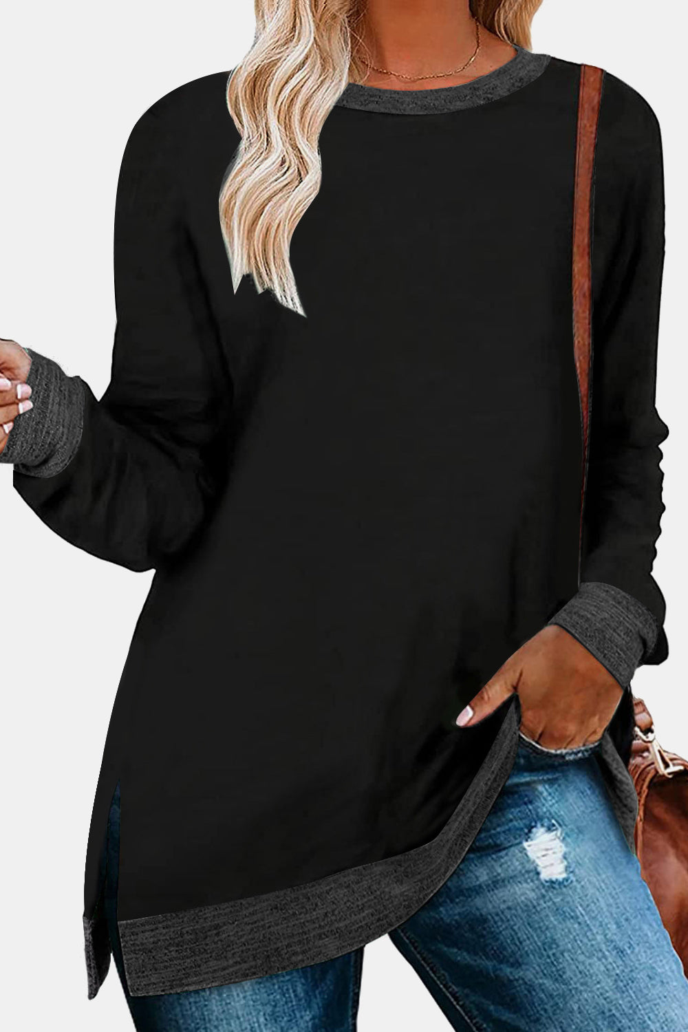 Full Size Round Neck Long Sleeve Slit T-Shirt