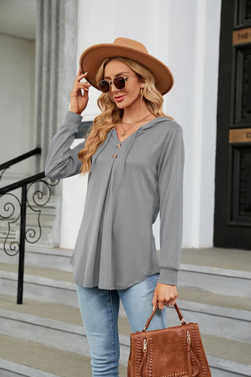 Full Size Long Sleeve Hooded Blouse