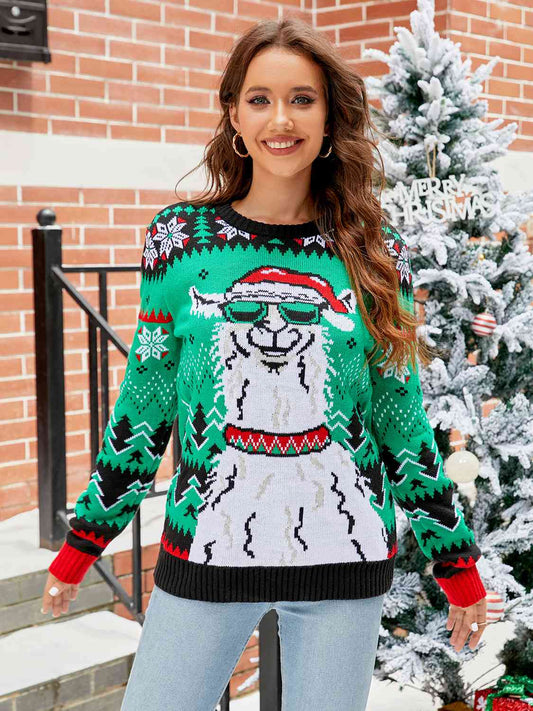 Christmas Themed Printed Round Neck Long Sleeve Sweater