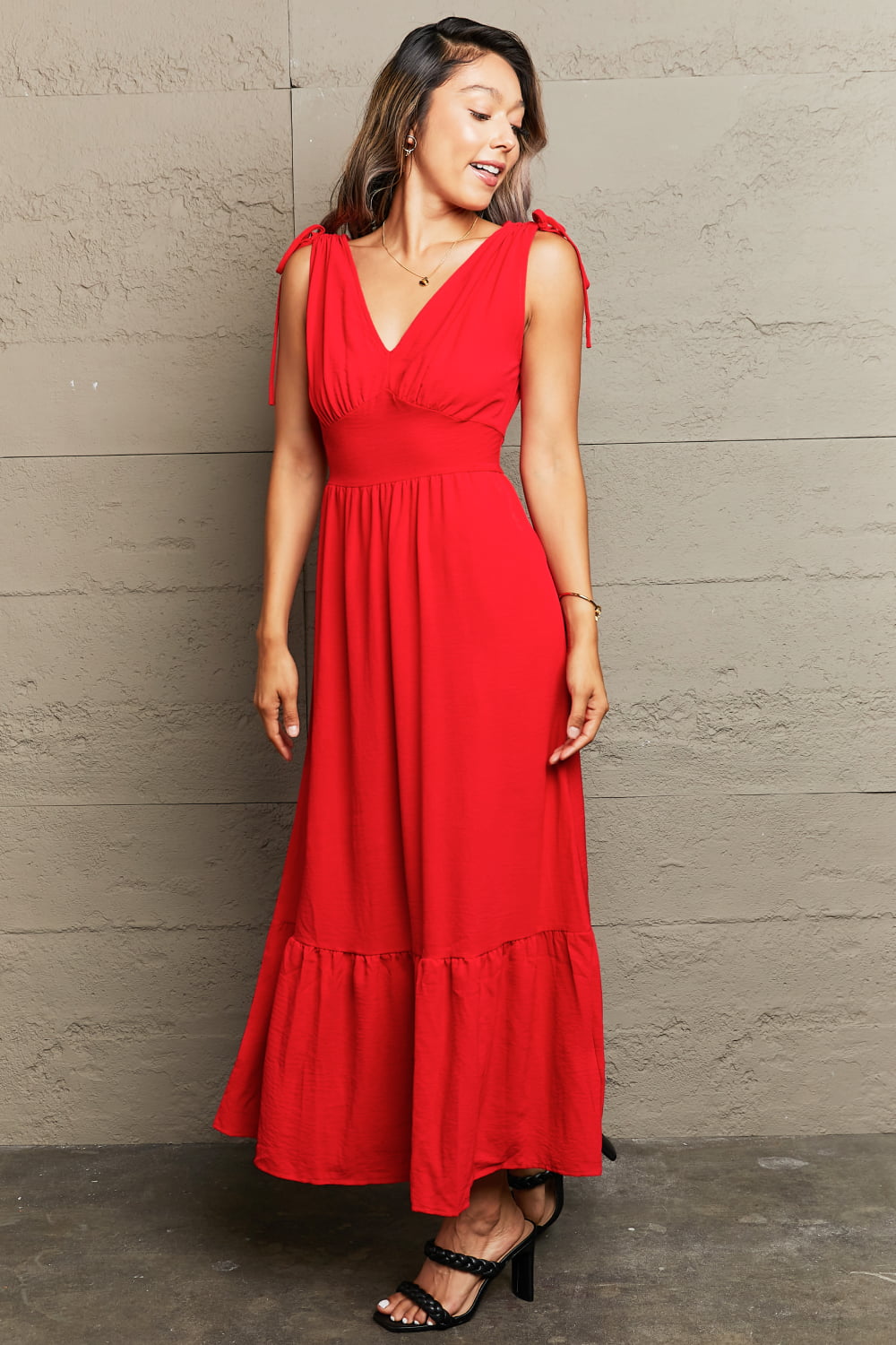 Red Drawstring V-Neck Sleeveless Dress