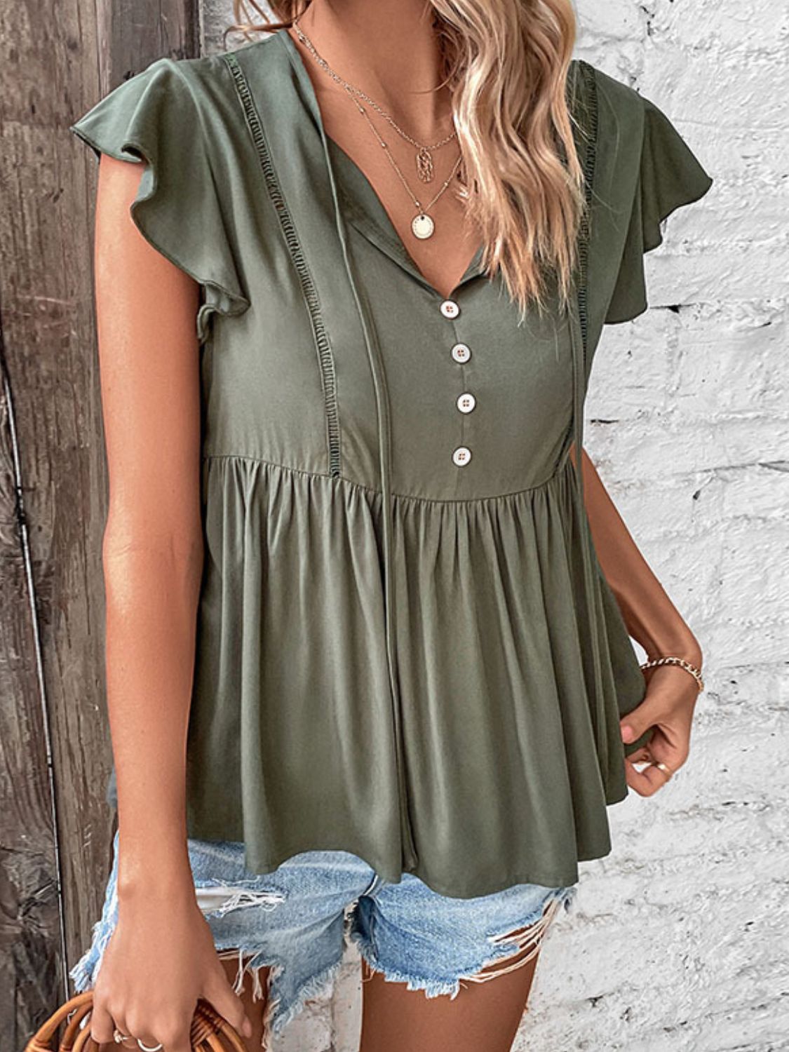 Women's Buttoned Tie Neck Flutter Sleeve Babydoll Top