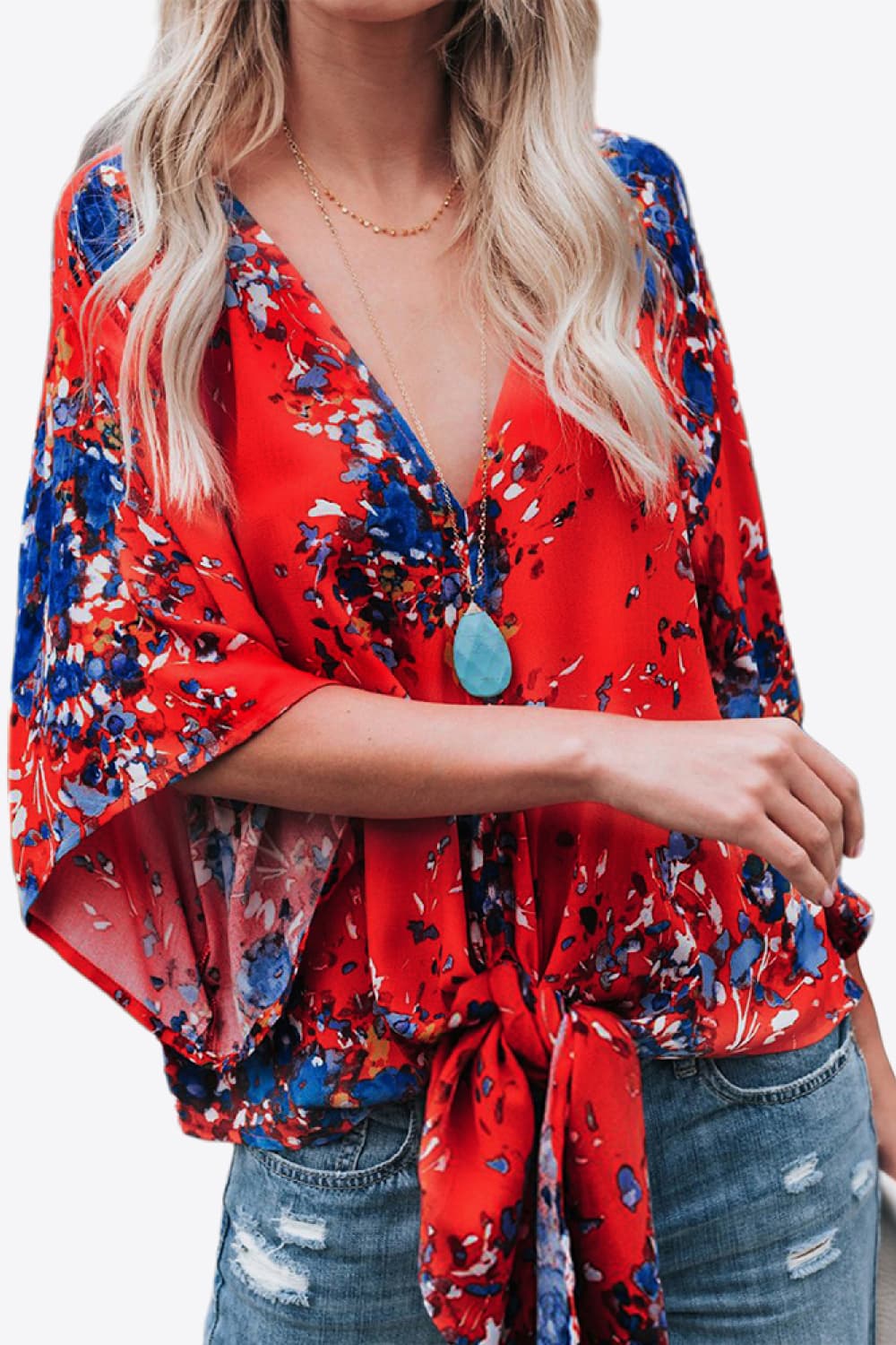 Full Size Printed Deep V Tie Hem Blouse