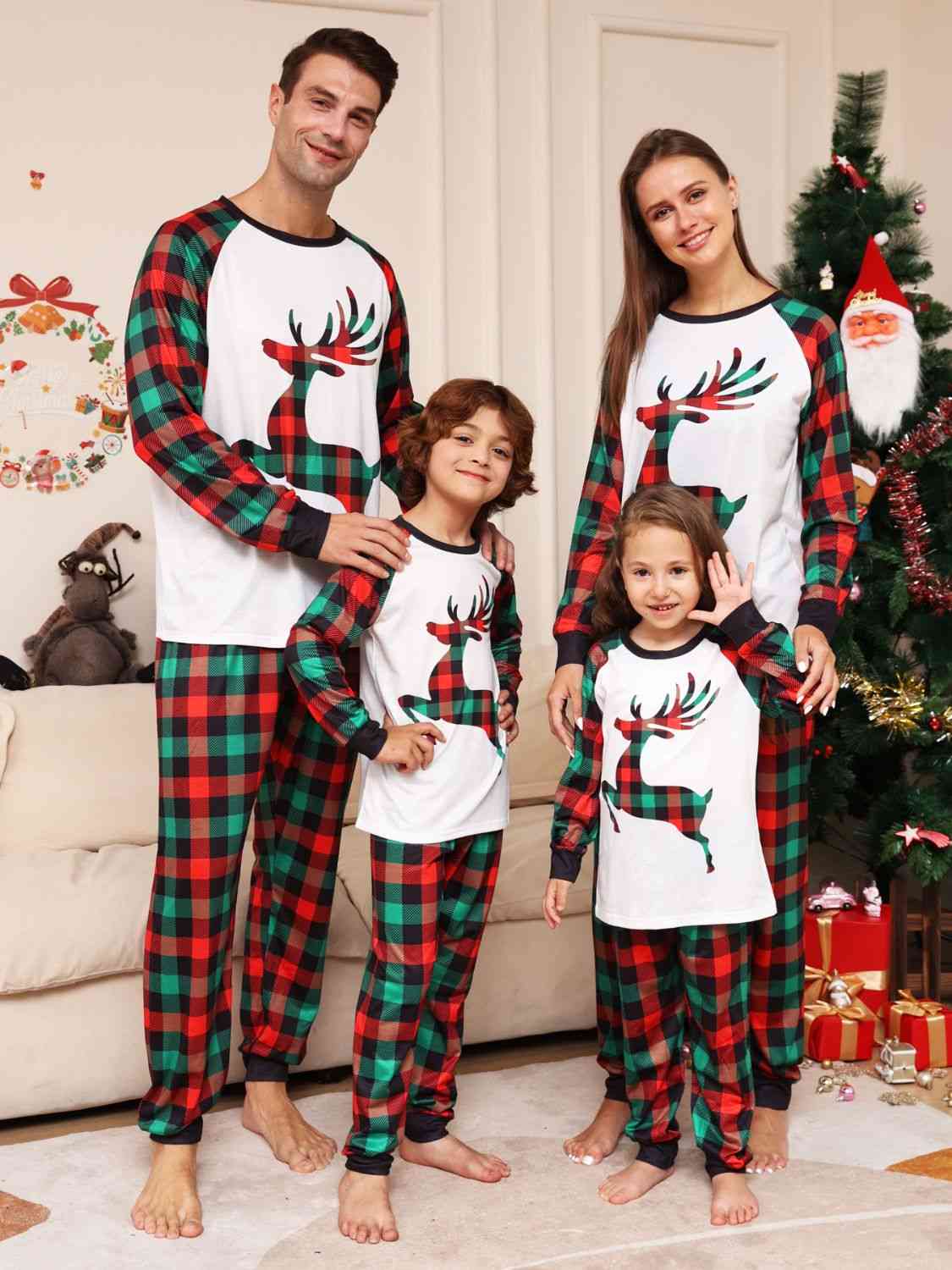 CHRISTMAS Full Size Reindeer Graphic Top and Plaid Pants Set
