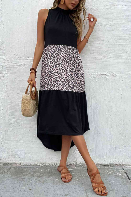 Black Leopard Contrast Sleeveless Maxi Dress