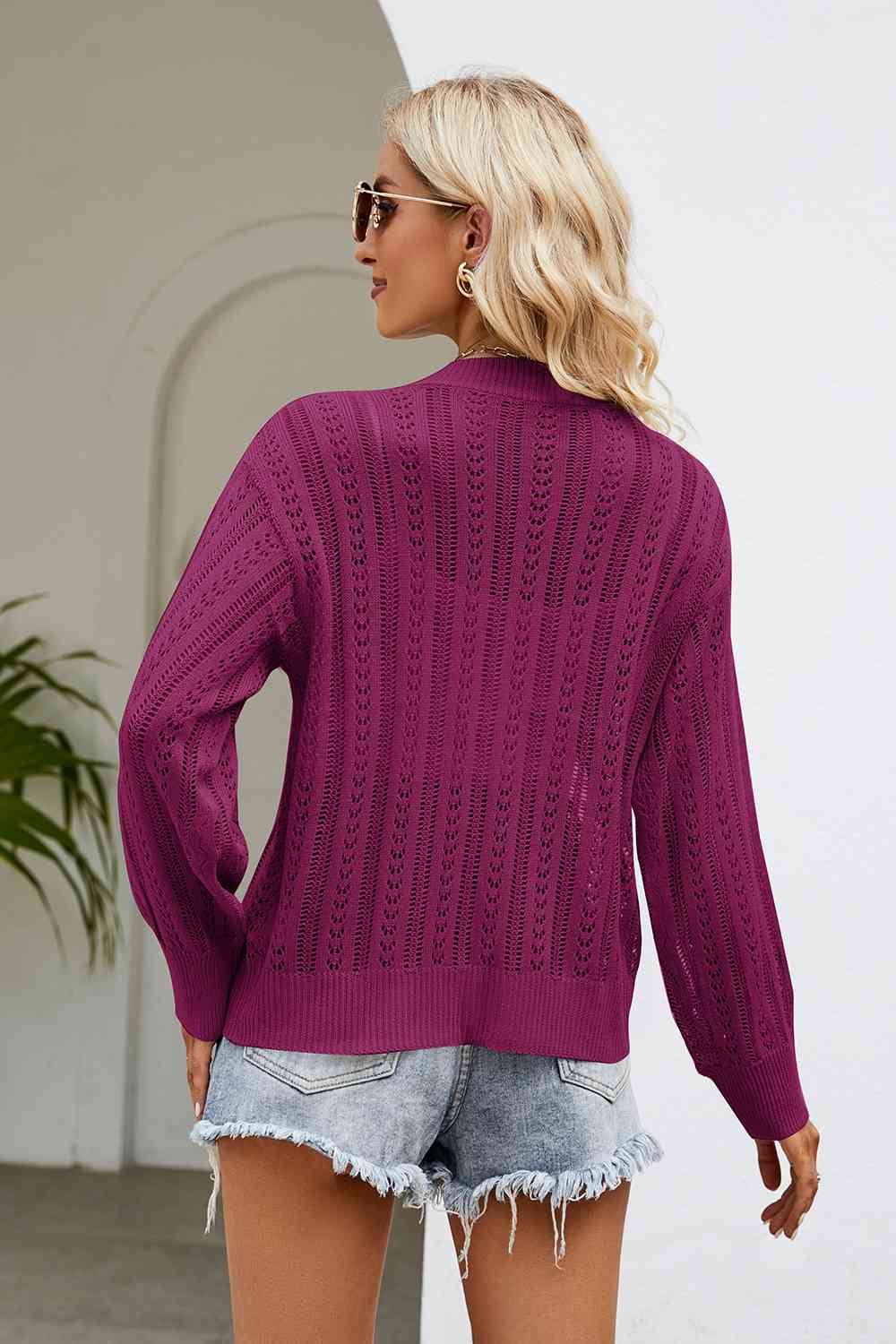 Openwork Button Front V-Neck Cardigan