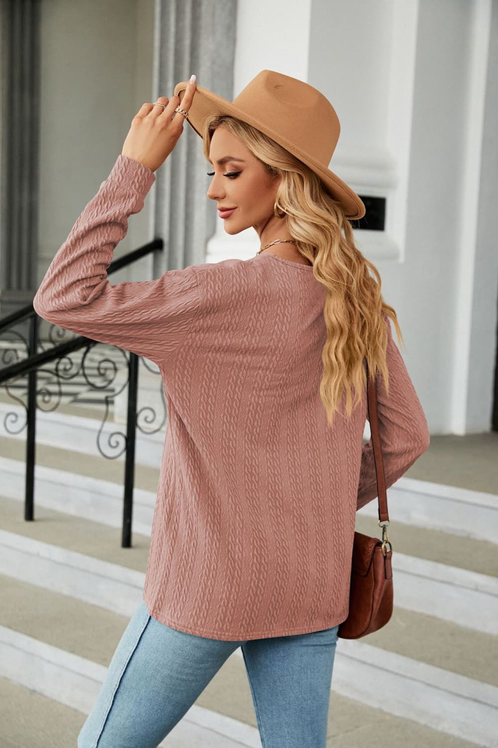 Full Size Decorative Button V-Neck Long Sleeve T-Shirt