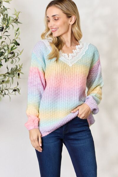 BiBi Rainbow Gradient Crochet Detail Pink Multi Sweater